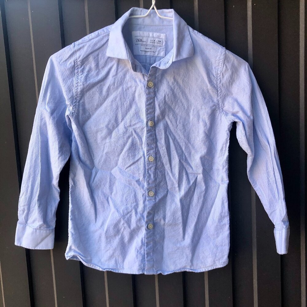 Zara Kids Boys Blue Dress Shirt Slim Fit Tailored Collection Size 8 128cm